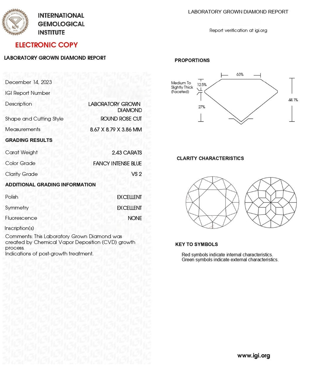 IGI | 2.43 CT Fancy Intense Blue Lab Grown Diamond | Round Rose Cut |