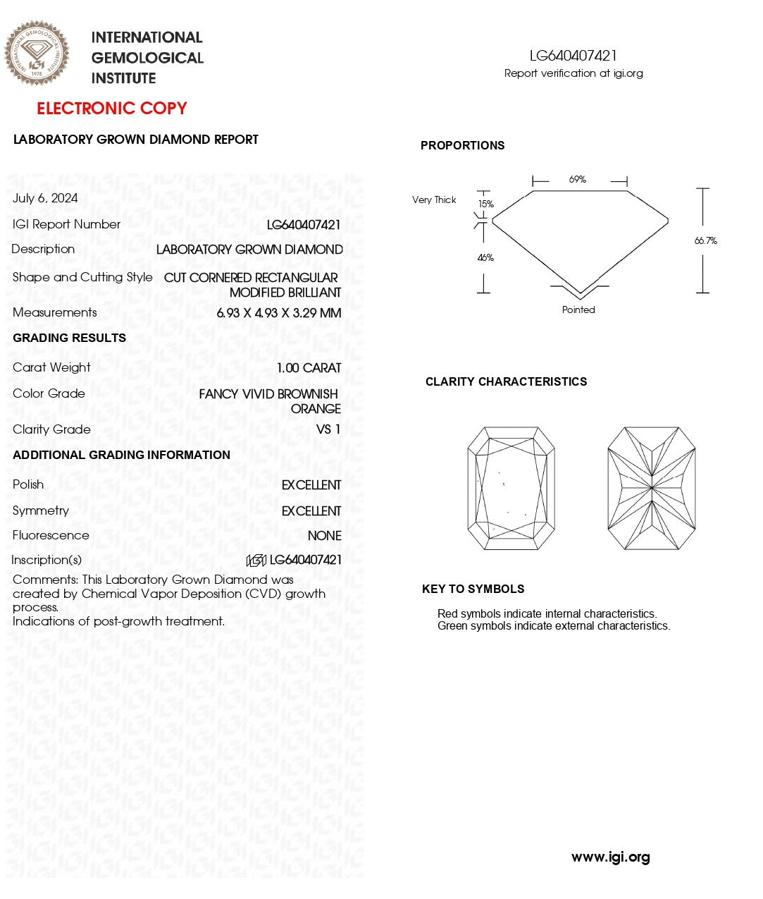 1.00 CT Fancy Vivid Brownish Orange Lab Grown Diamond | Radiant Cut | IGI Certified