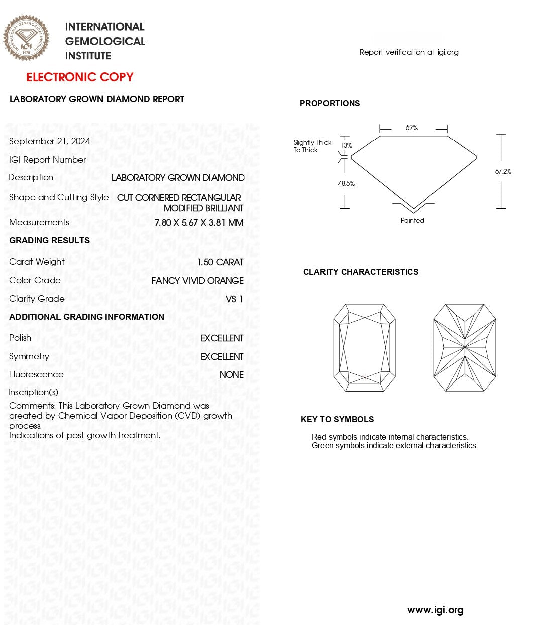 1.50 CT Fancy Vivid Orange Lab Grown Diamond | Radiant Cut | IGI Certified