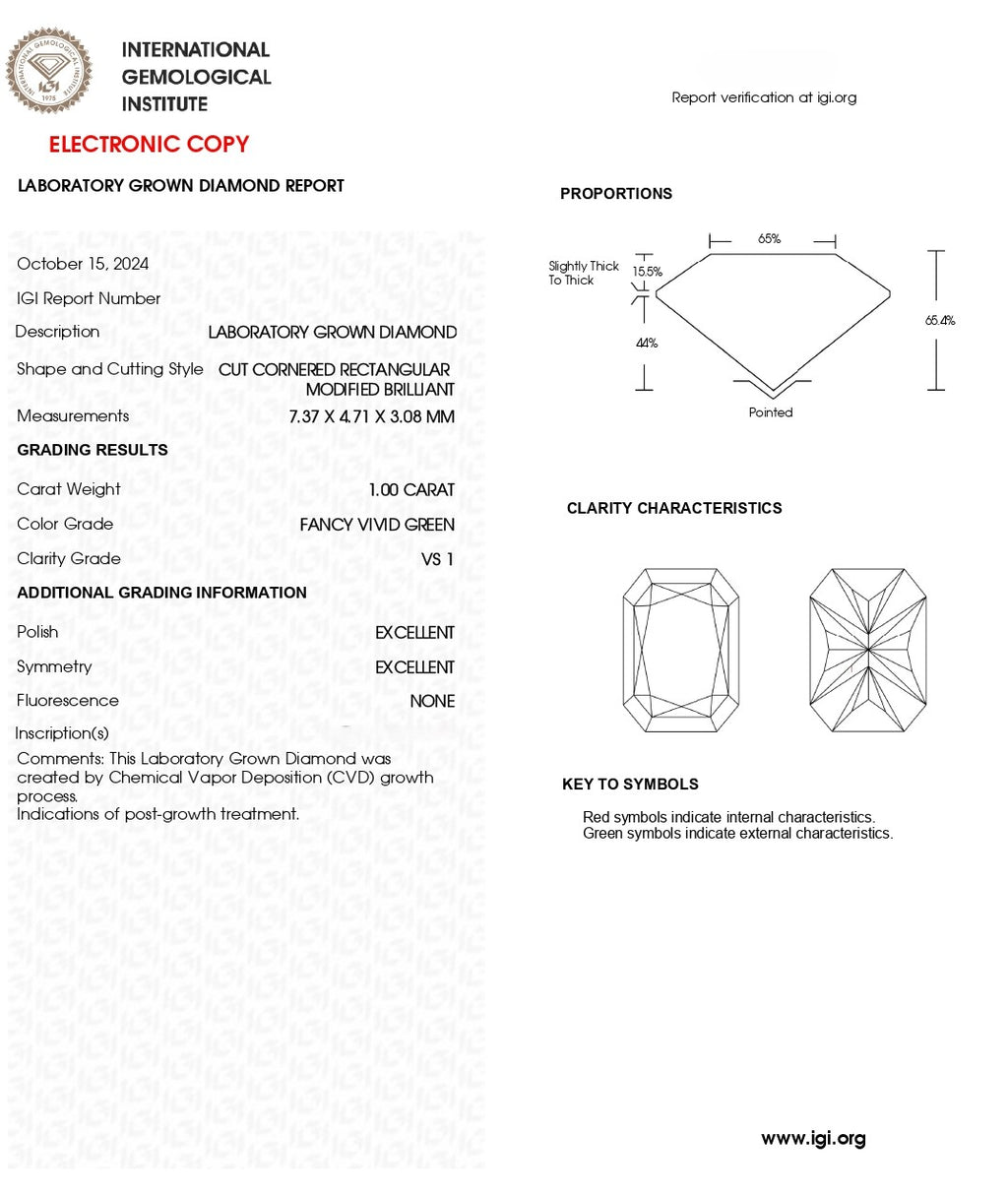 1.00 CT Fancy Vivid Green Lab Grown Diamond | Radiant Cut | IGI Certified
