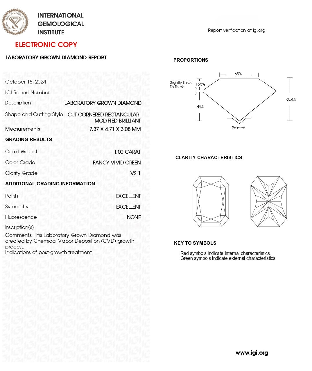 1.00 CT Fancy Vivid Green Lab Grown Diamond | Radiant Cut | IGI Certified
