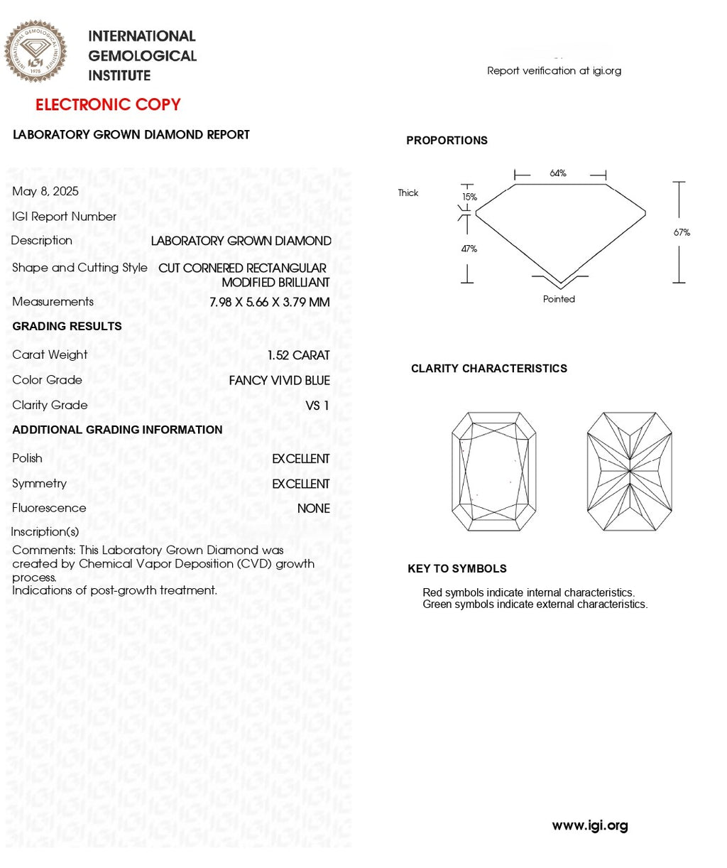 1.52 CT Fancy Vivid Blue Lab Grown Diamond | Radiant Cut | IGI Certified