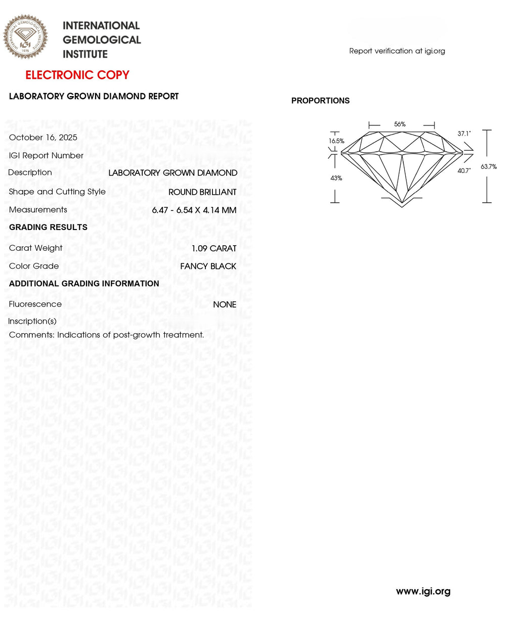 IGI | 1.09 CT Fancy Black Lab Grown Diamond | Round Brilliant |