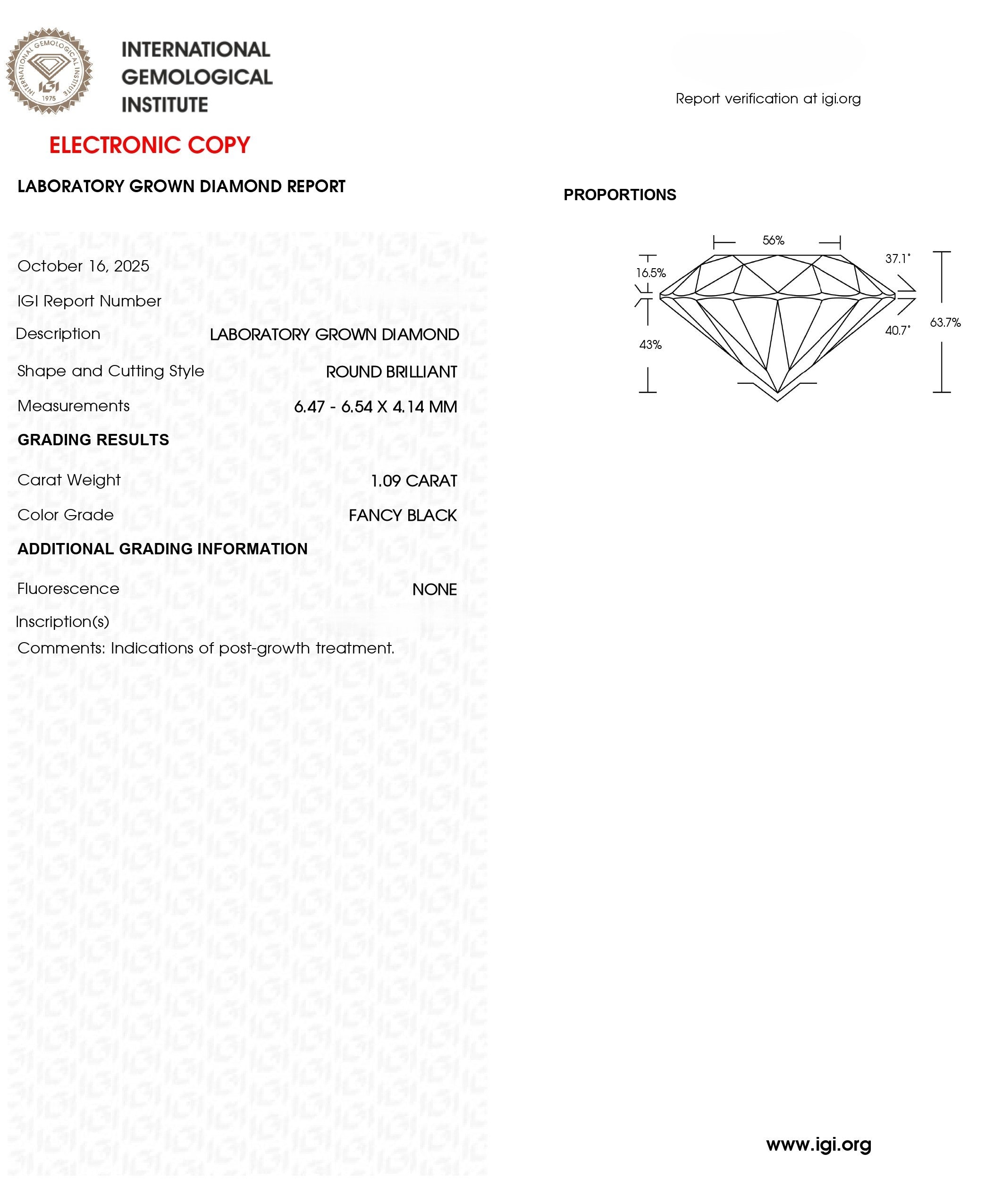 IGI | 1.09 CT Fancy Black Lab Grown Diamond | Round Brilliant |