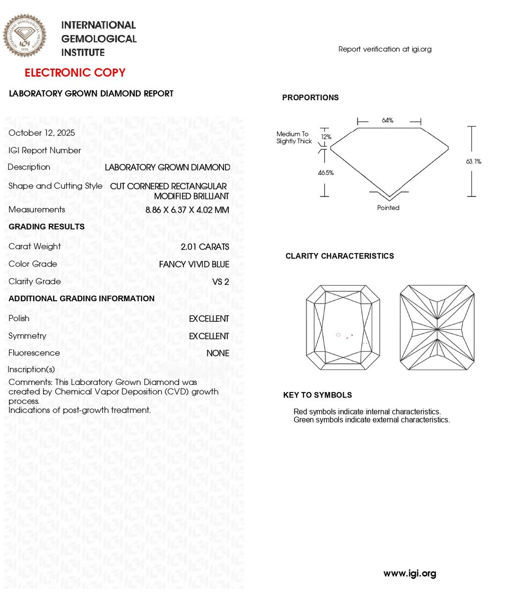 2.01 CT Fancy Vivid Blue Lab Grown Diamond | Radiant Cut | IGI Certified
