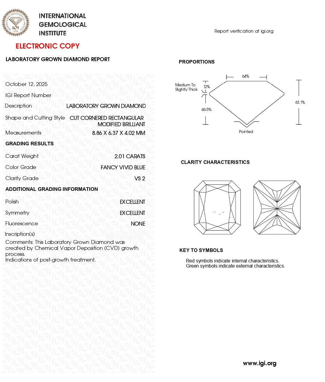 2.01 CT Fancy Vivid Blue Lab Grown Diamond | Radiant Cut | IGI Certified