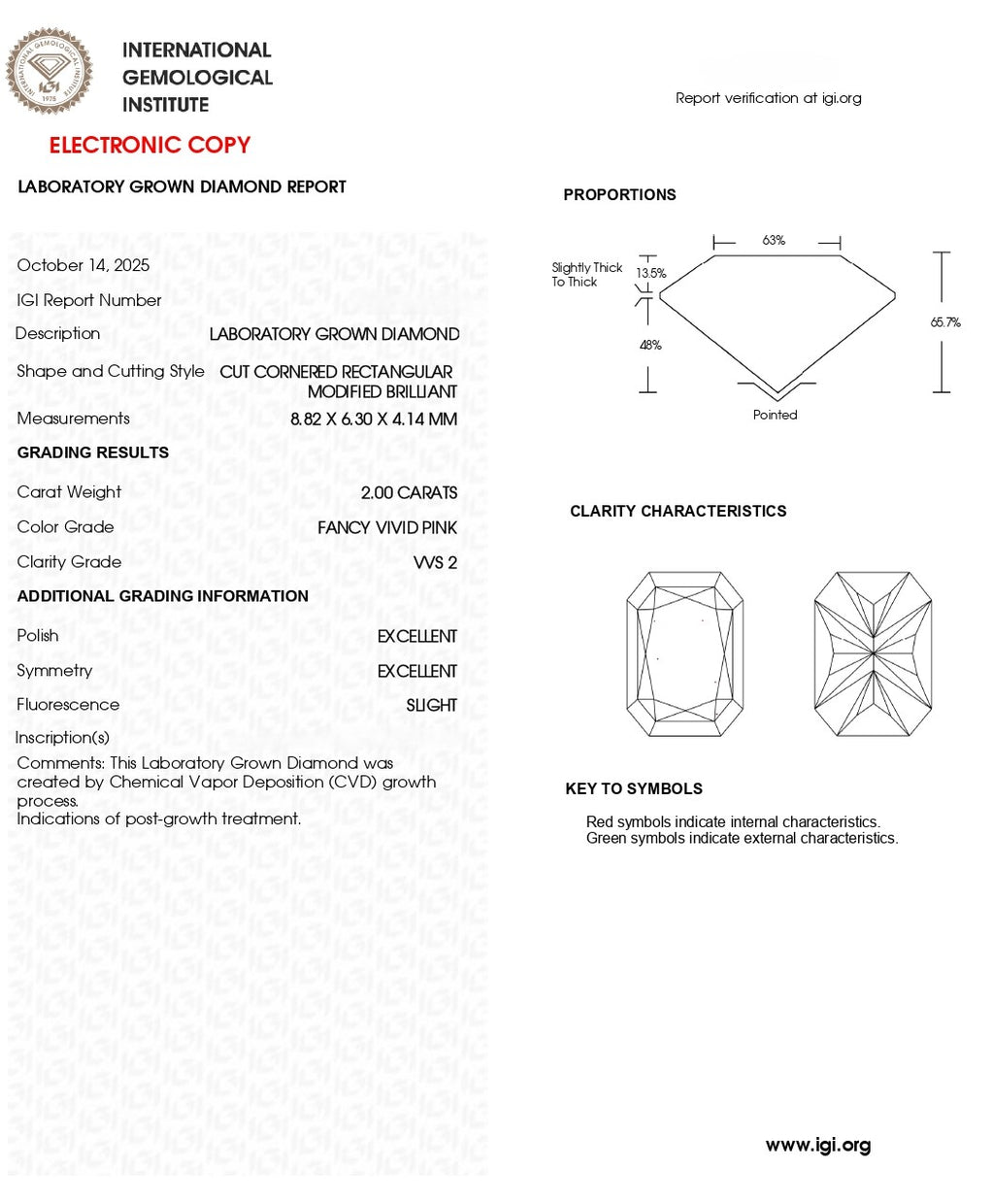 2.00 CT Fancy Vivid Pink Lab Grown Diamond | Radiant Cut | IGI Certified