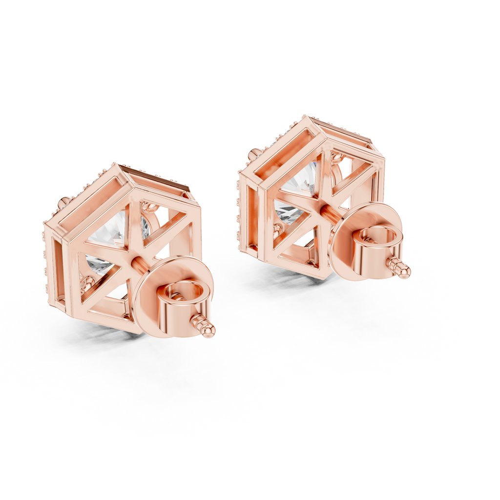 Round Diamond Hexagon Halo Stud Earrings