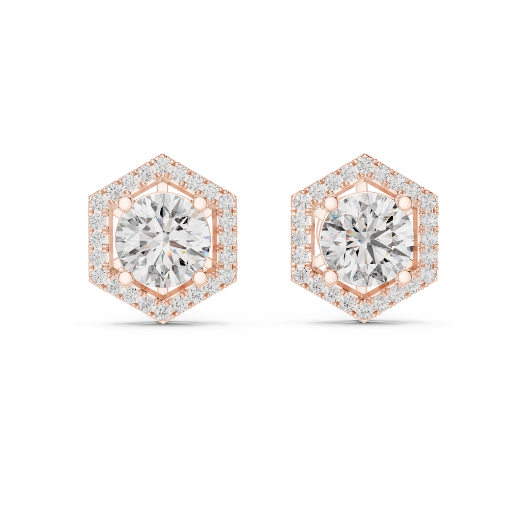 Round Diamond Hexagon Halo Stud Earrings