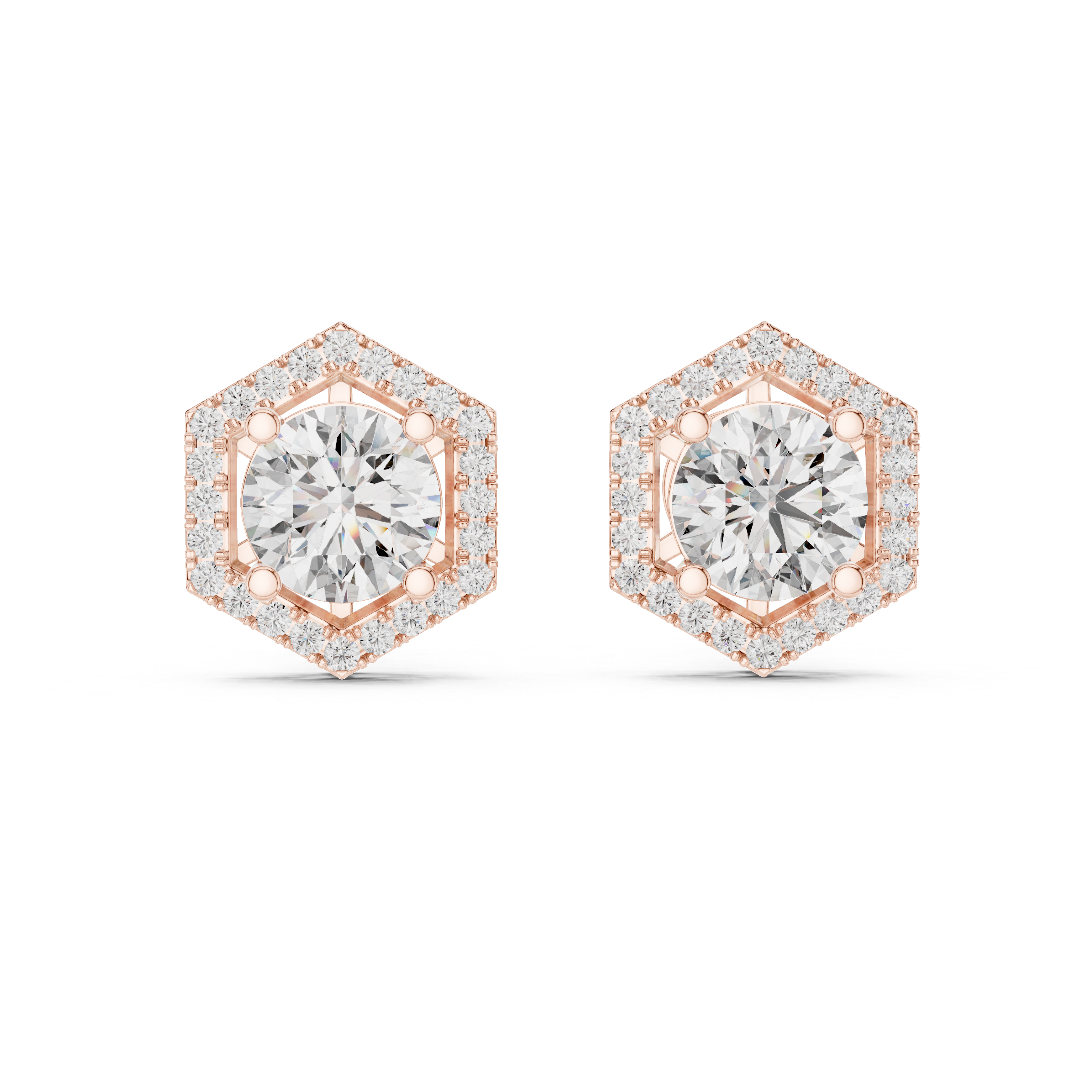 Round Diamond Hexagon Halo Stud Earrings