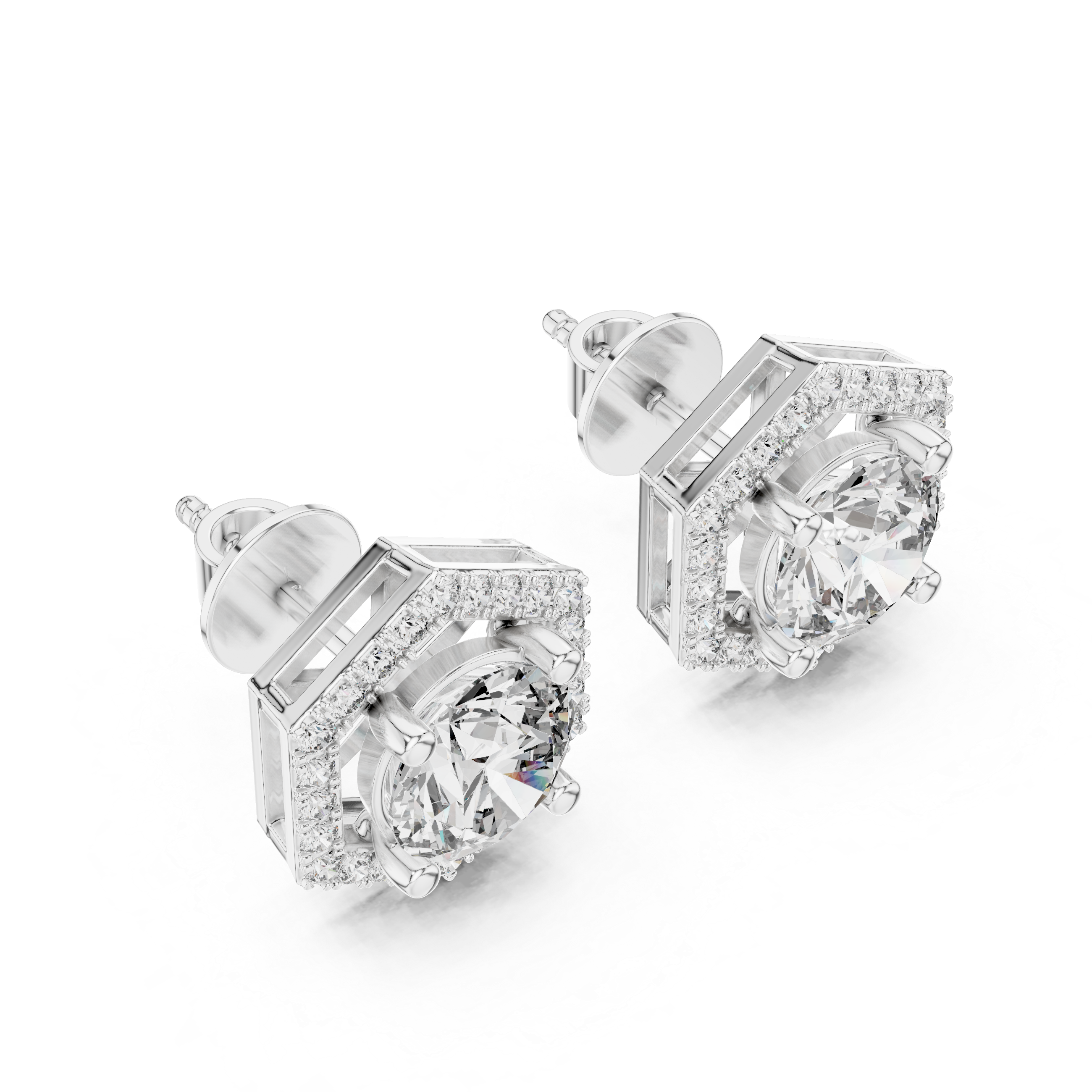 Round Diamond Hexagon Halo Stud Earrings