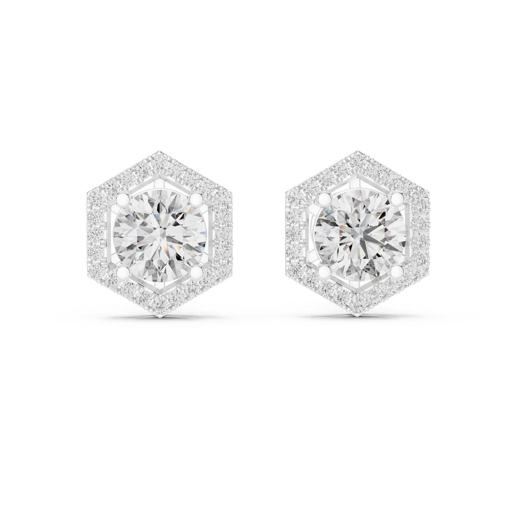 Round Diamond Hexagon Halo Stud Earrings