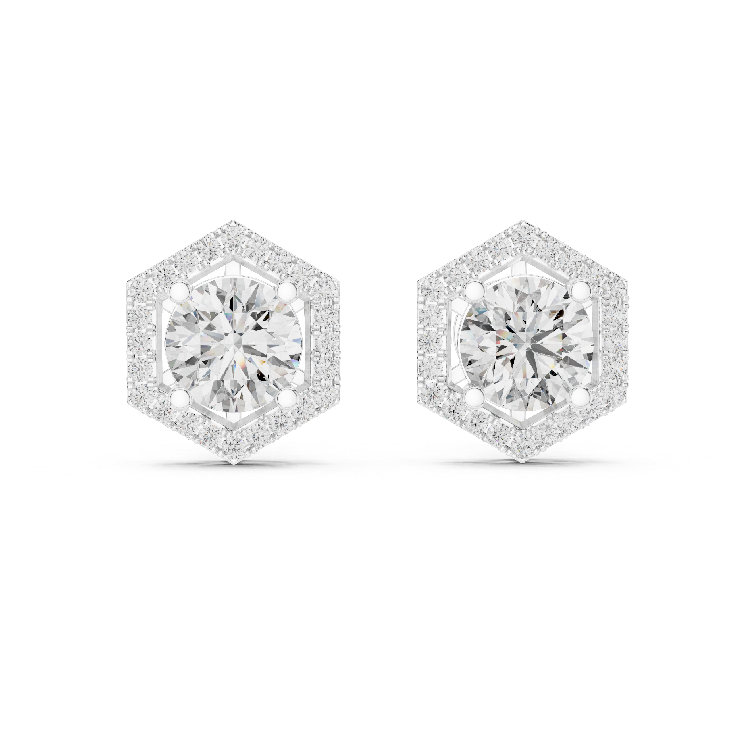 Round Diamond Hexagon Halo Stud Earrings
