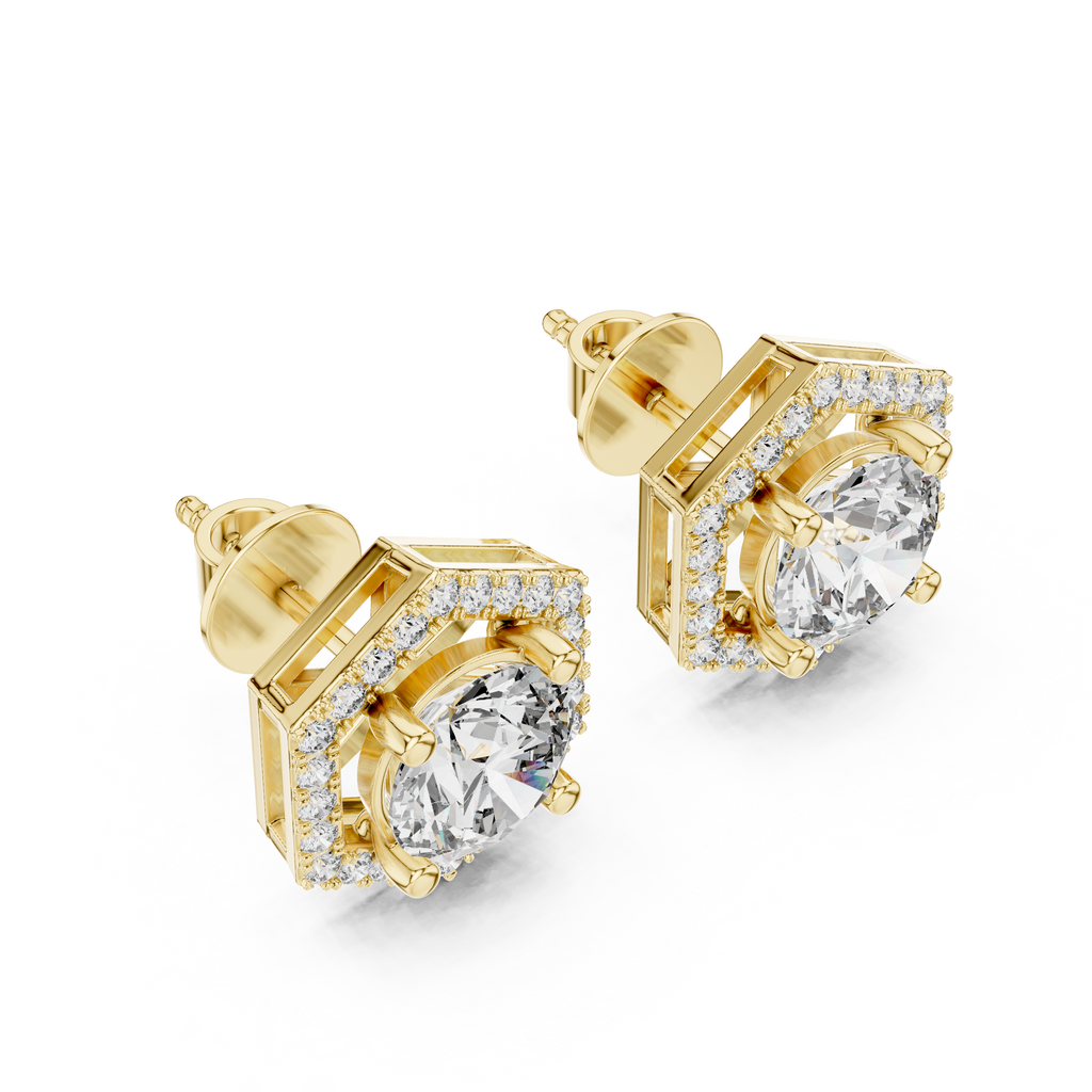 Round Diamond Hexagon Halo Stud Earrings
