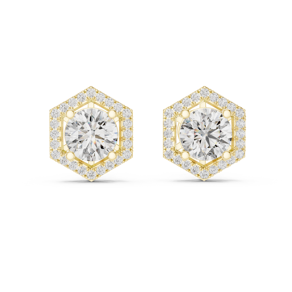 Round Diamond Hexagon Halo Stud Earrings