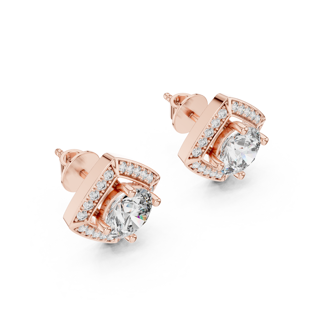 Round Diamond Square Halo Stud Earrings