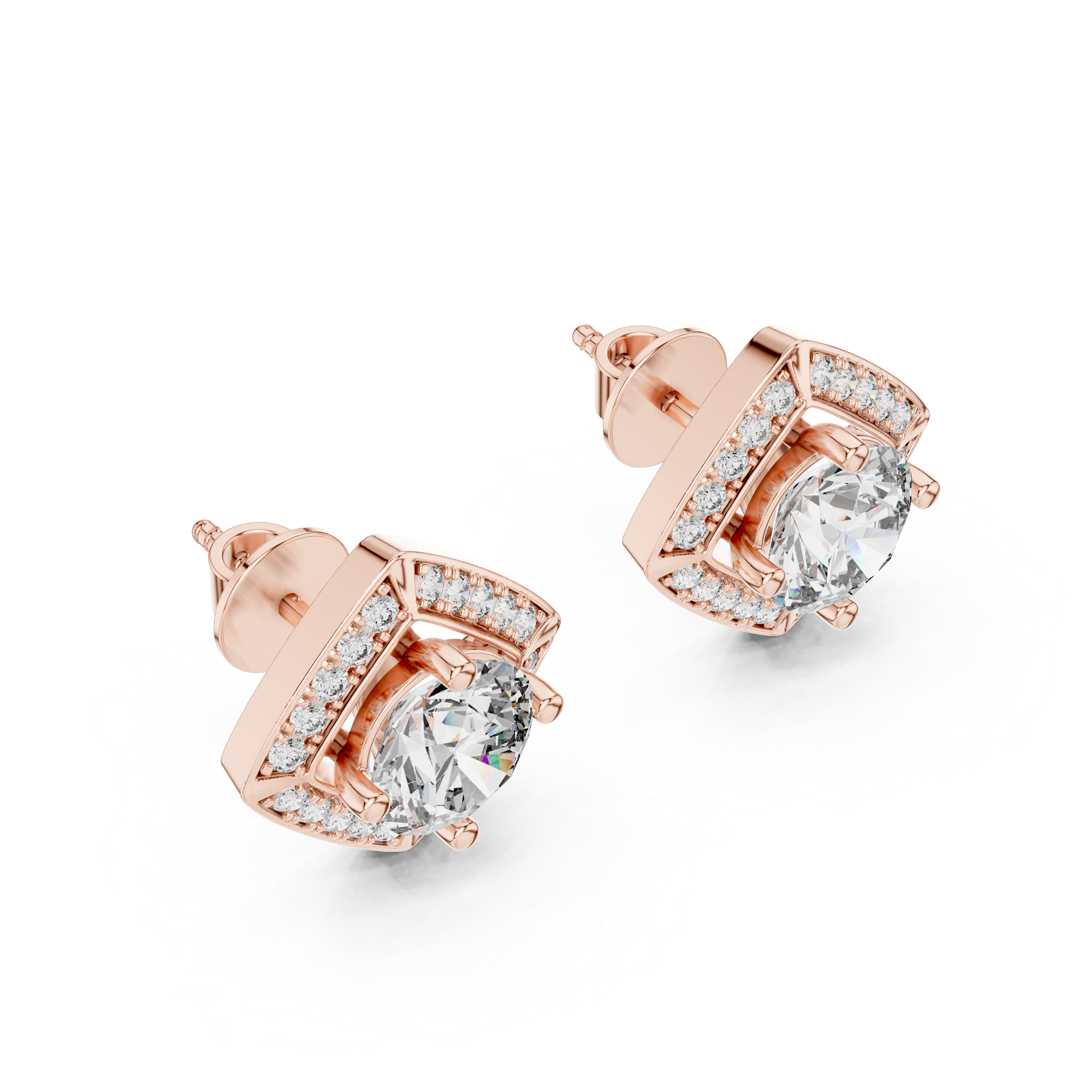 Round Diamond Square Halo Stud Earrings