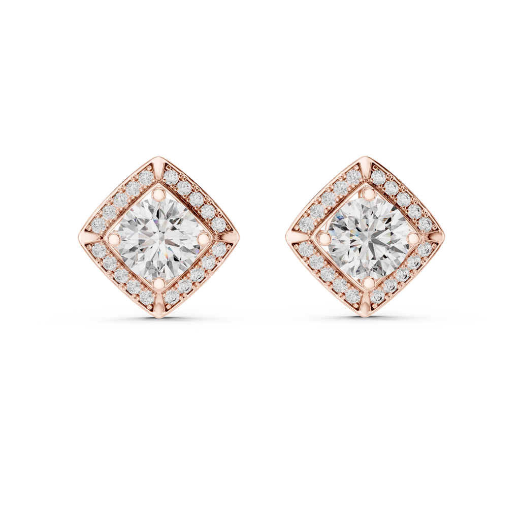 Round Diamond Square Halo Stud Earrings