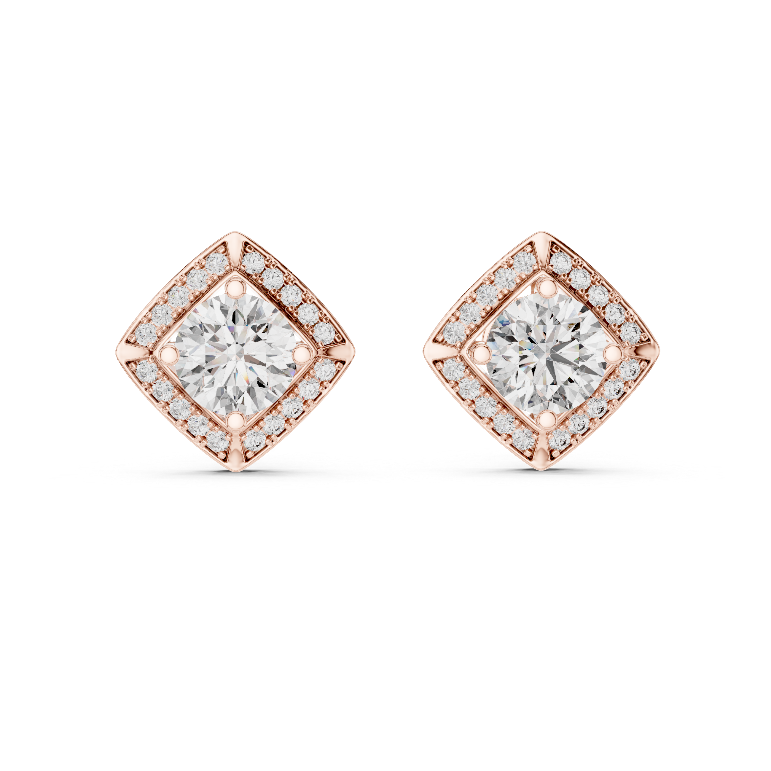 Round Diamond Square Halo Stud Earrings