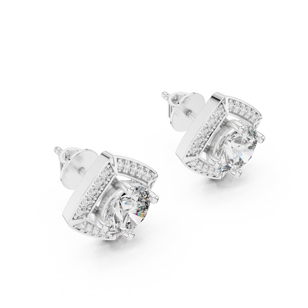 Round Diamond Square Halo Stud Earrings