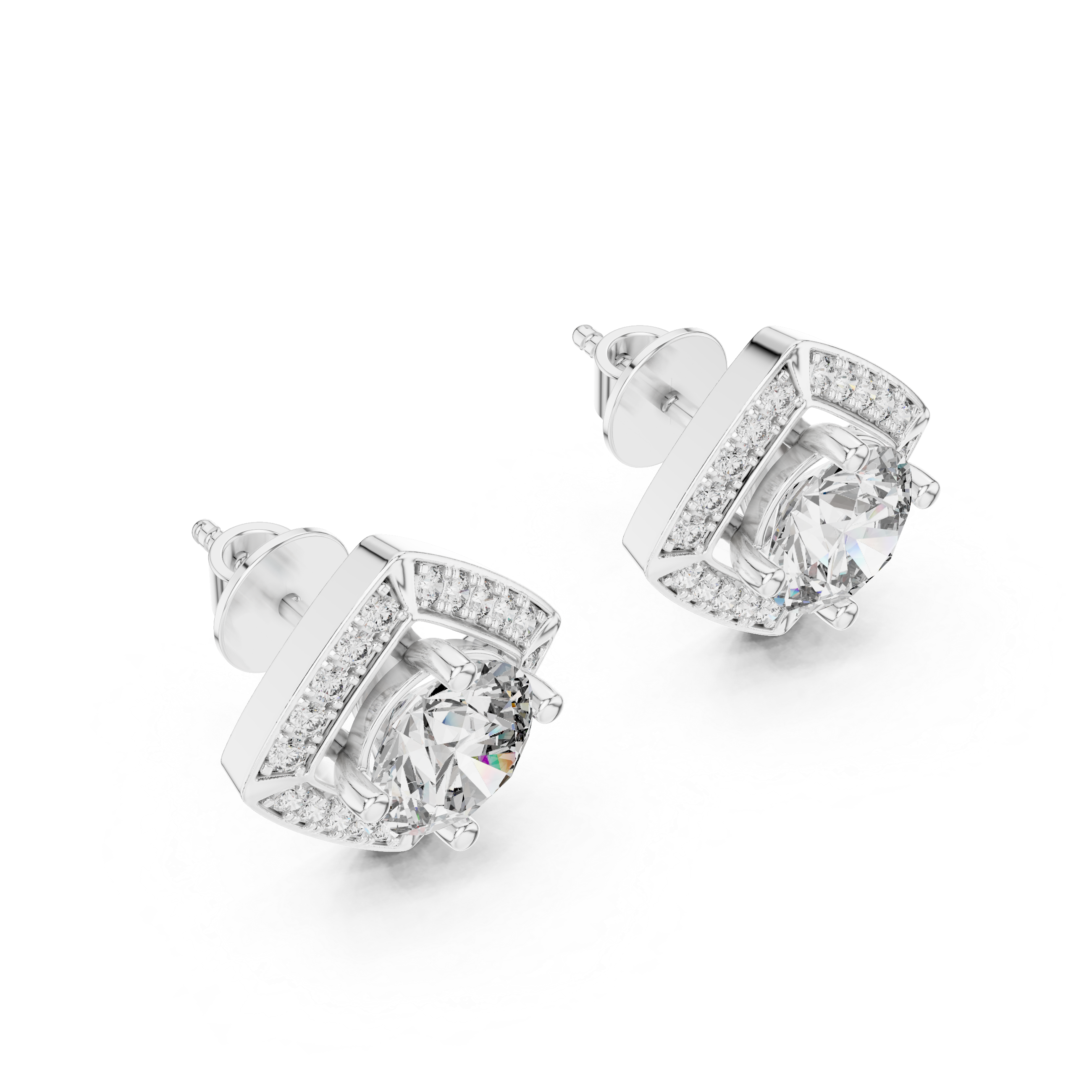 Round Diamond Square Halo Stud Earrings