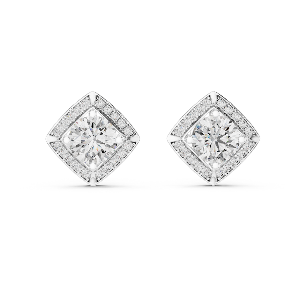 Round Diamond Square Halo Stud Earrings