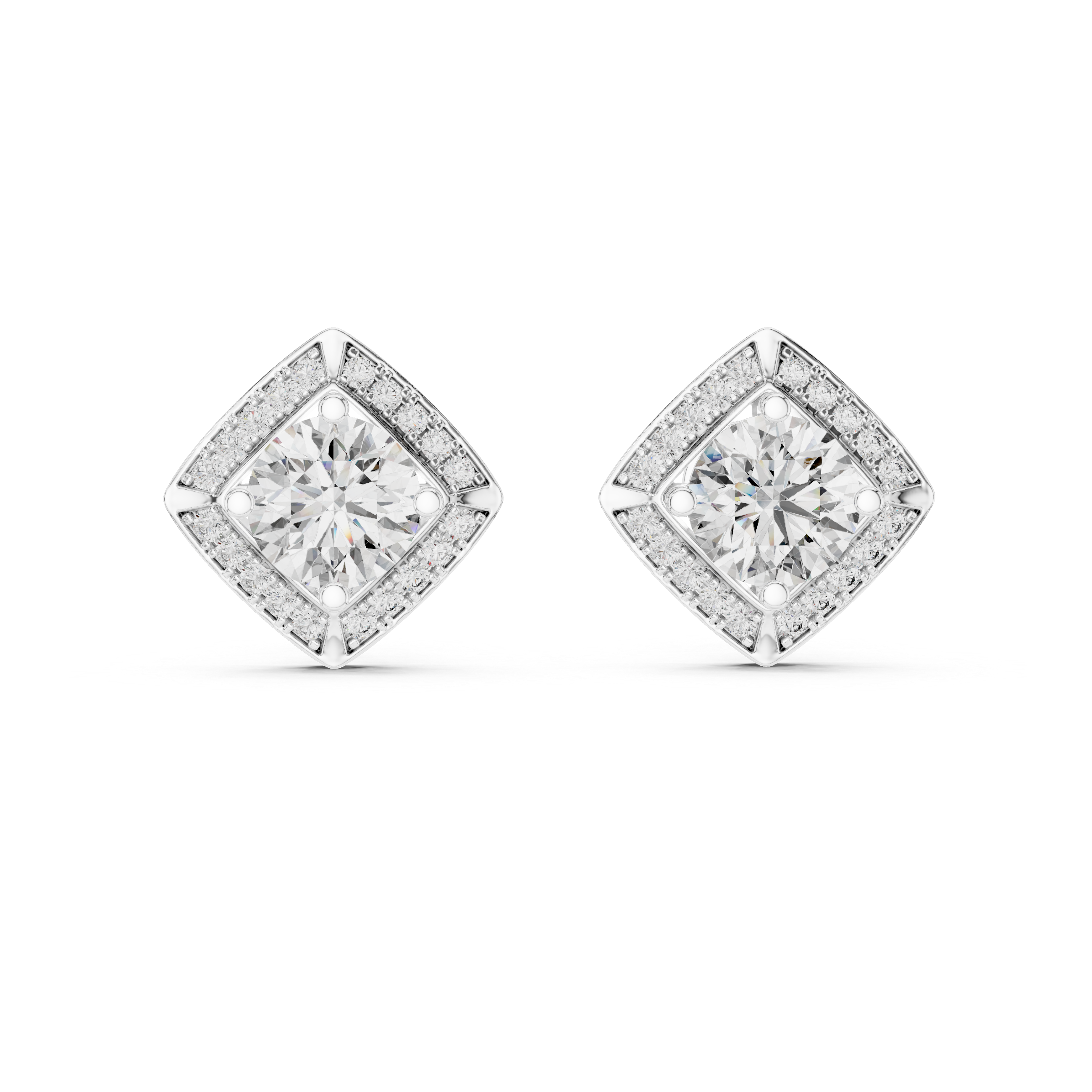 Round Diamond Square Halo Stud Earrings