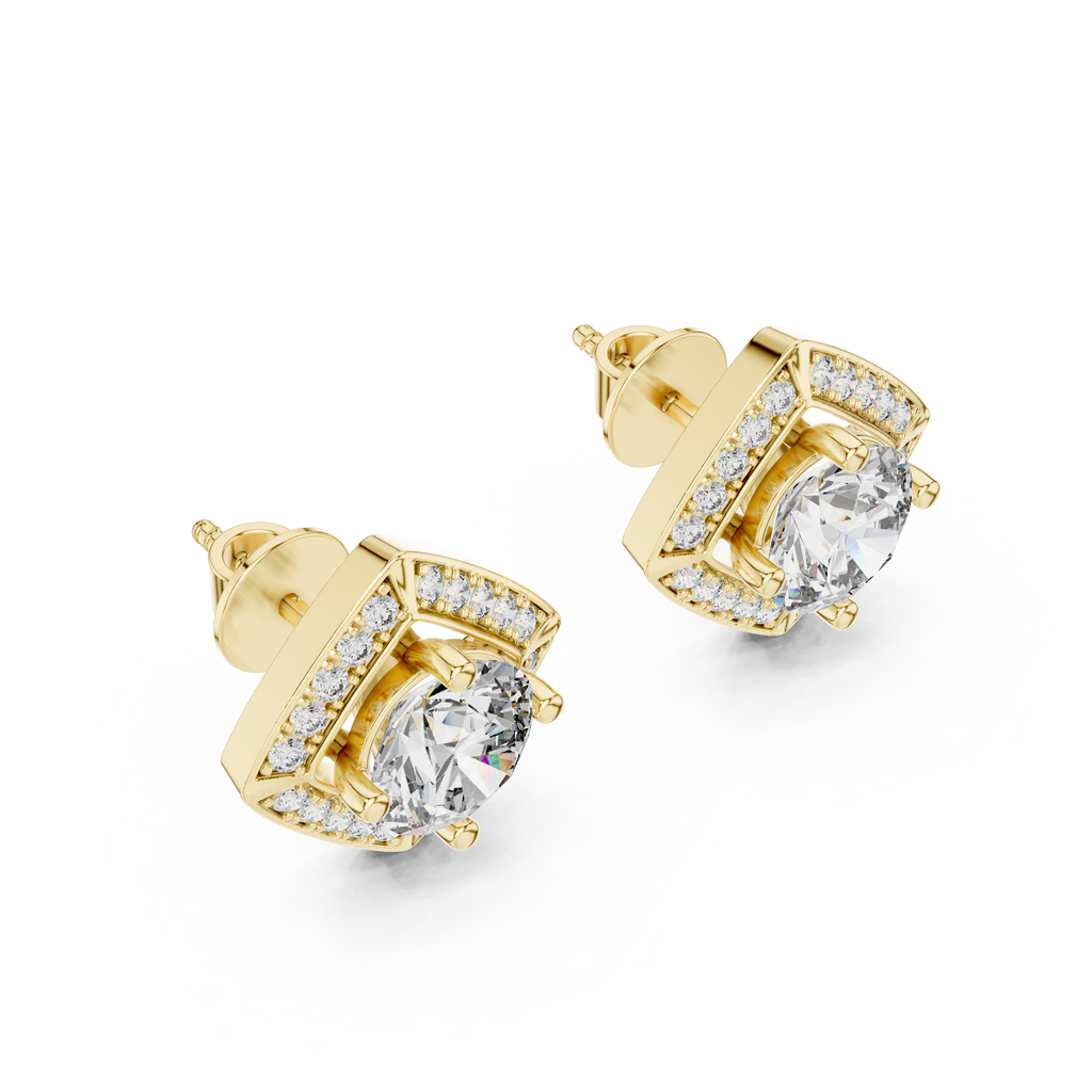 Round Diamond Square Halo Stud Earrings
