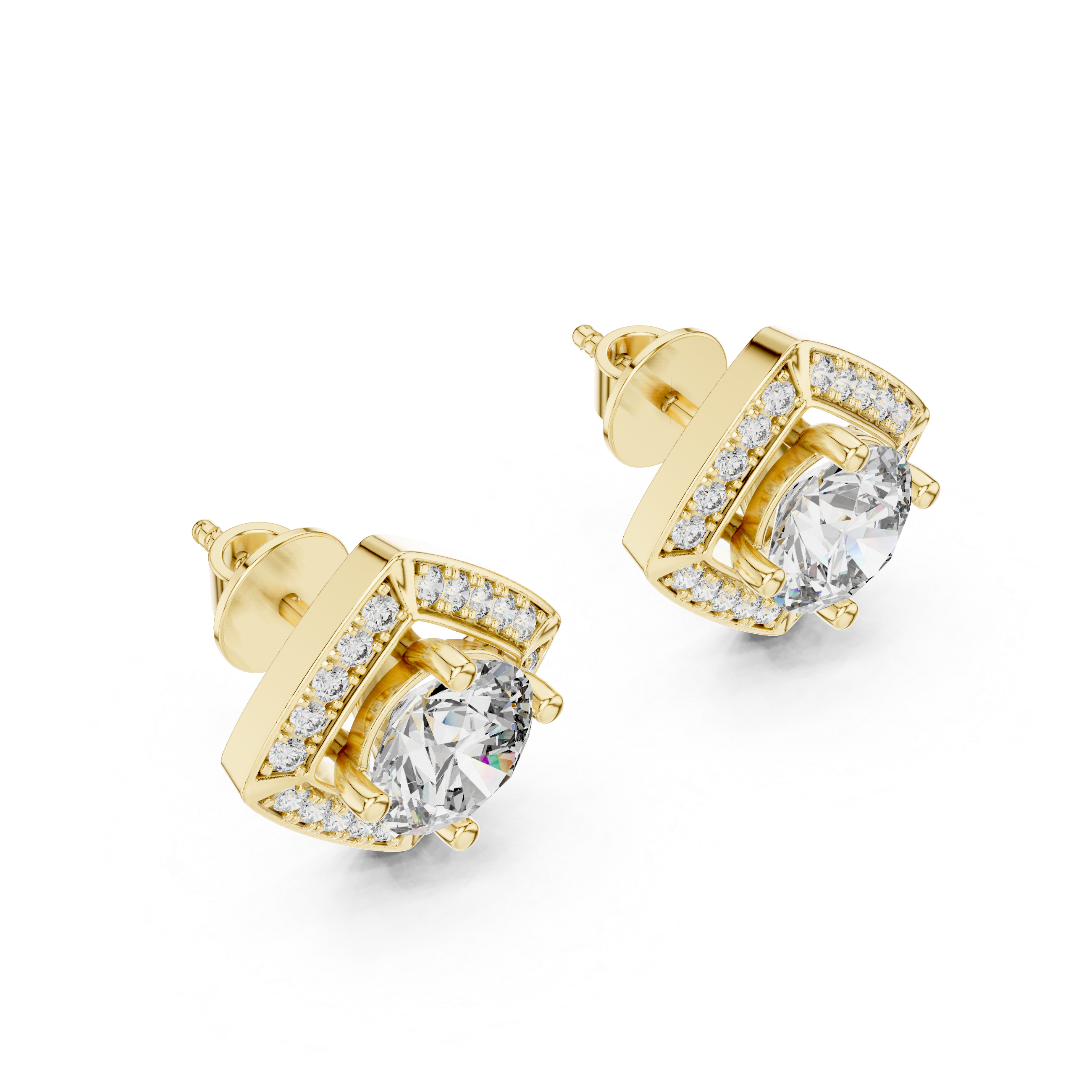 Round Diamond Square Halo Stud Earrings