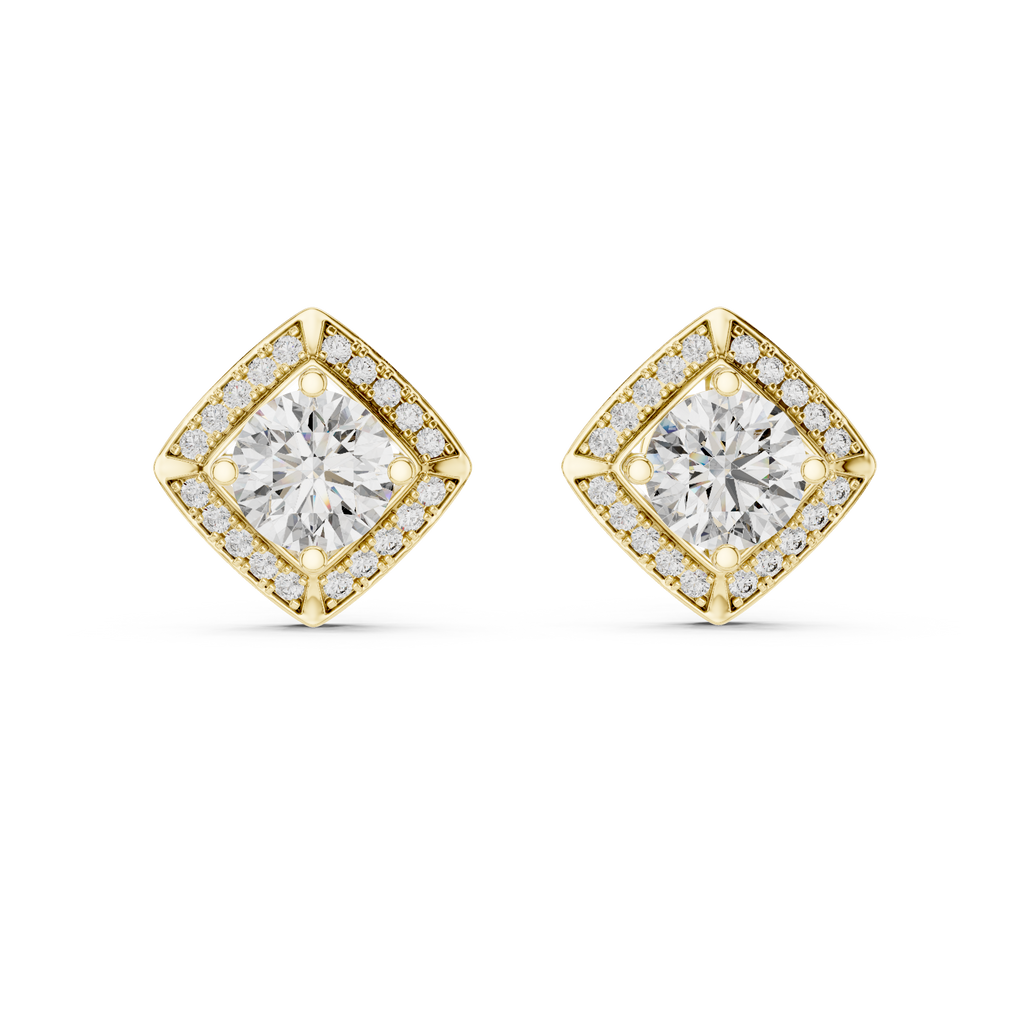 Round Diamond Square Halo Stud Earrings