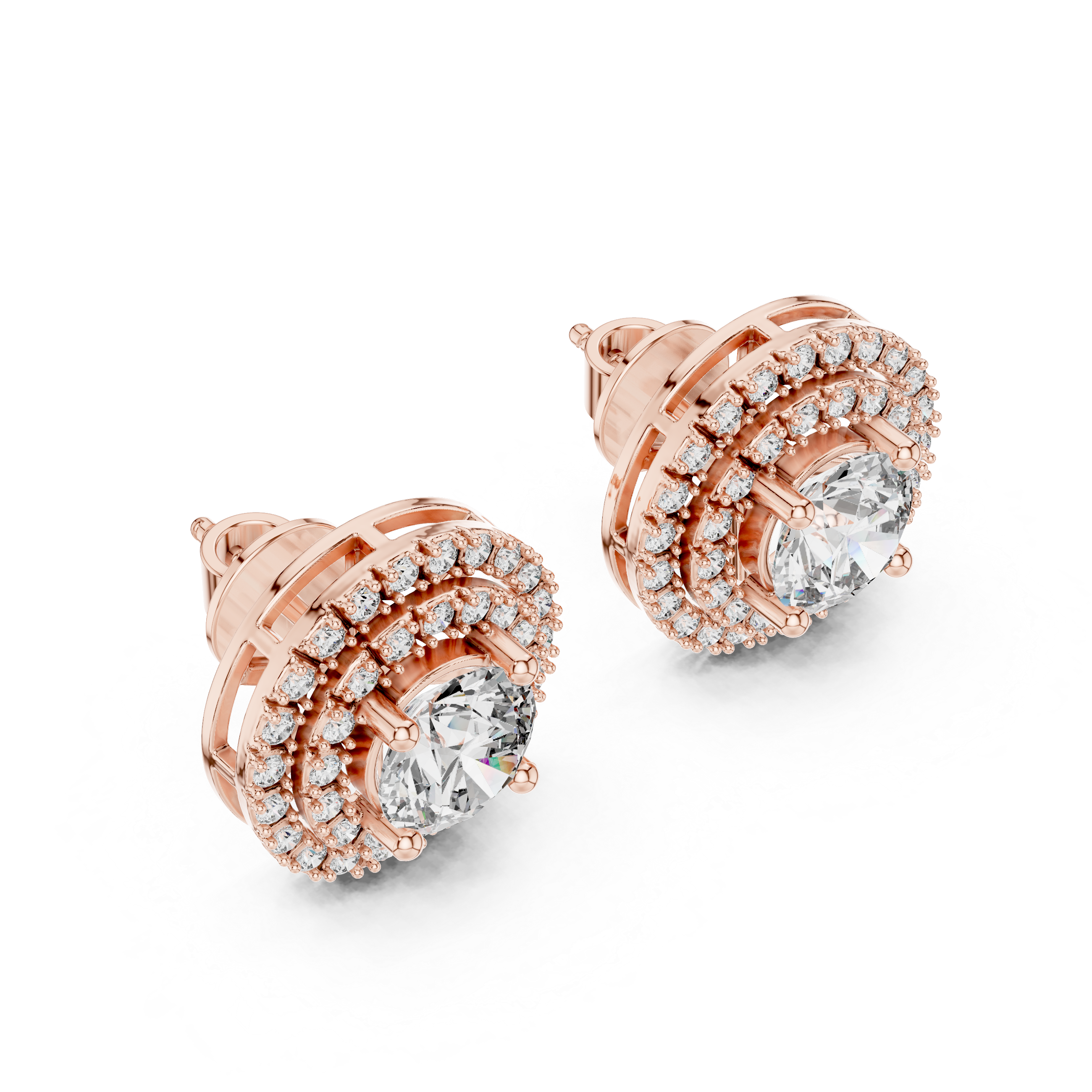 Round Diamond Triple Halo Stud Earrings