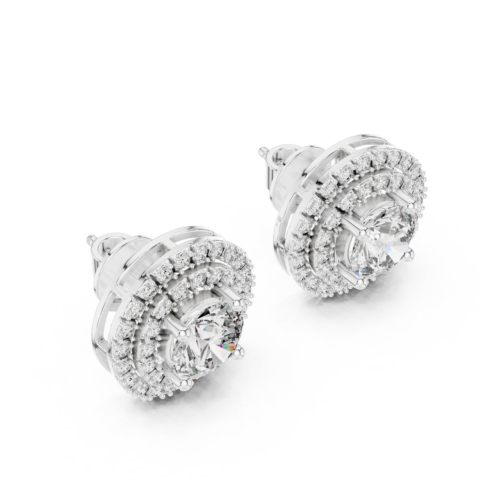 Round Diamond Triple Halo Stud Earrings