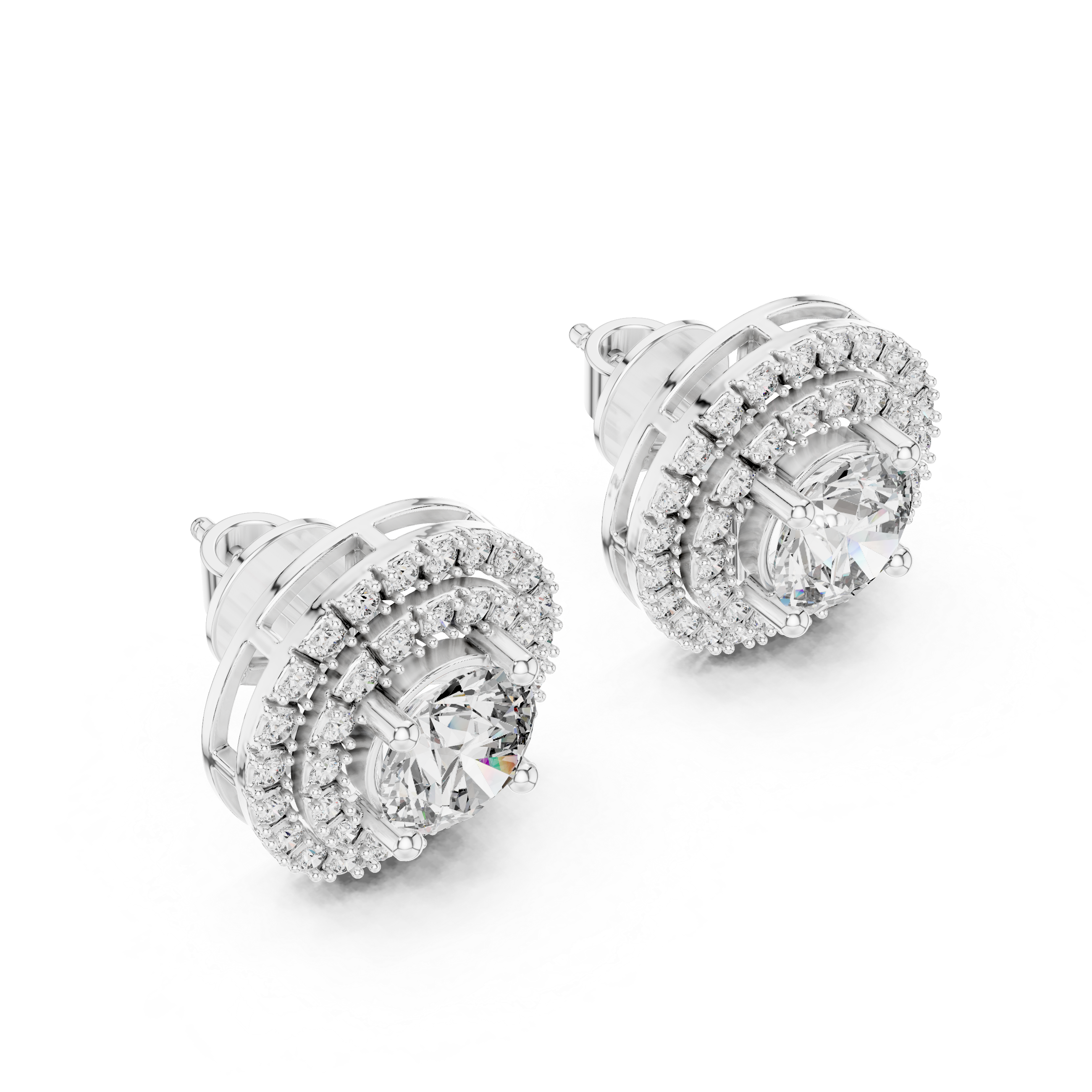 Round Diamond Triple Halo Stud Earrings