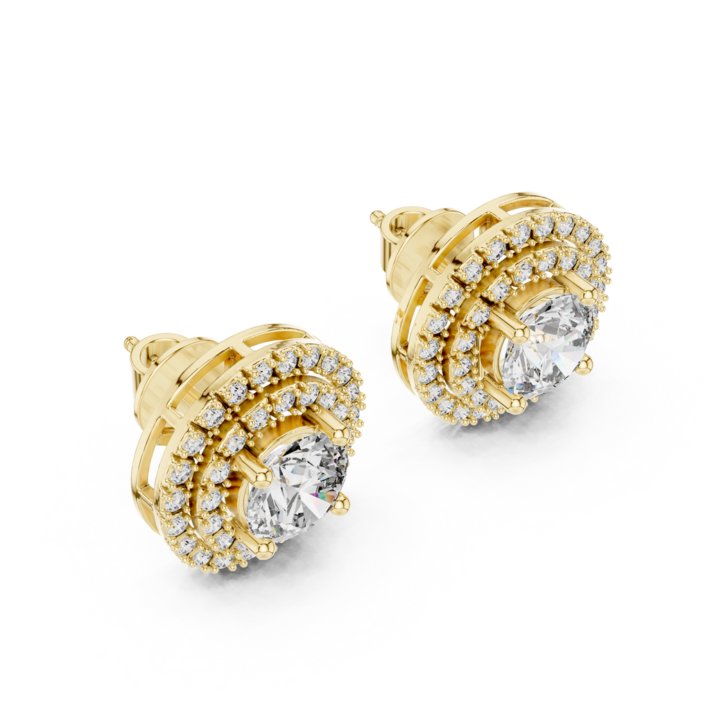 Round Diamond Triple Halo Stud Earrings