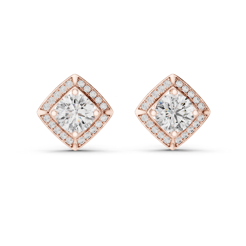 Round Diamond Square Halo Stud Earrings