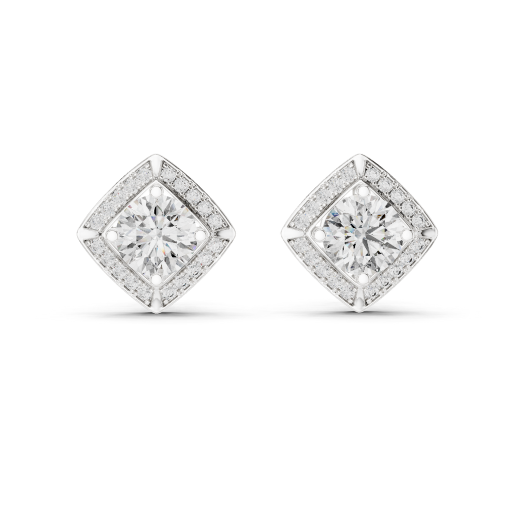 Round Diamond Square Halo Stud Earrings