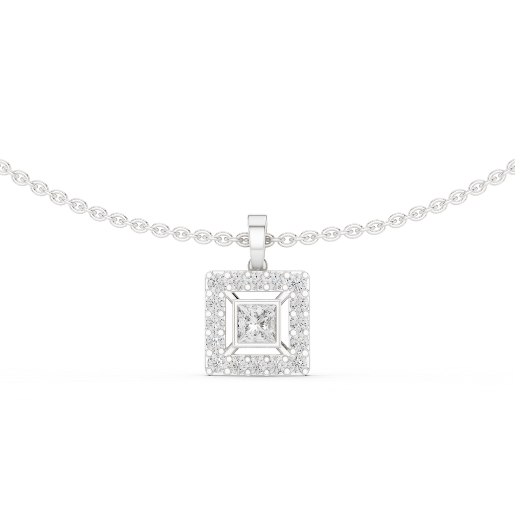 1Princess Cut Diamond Halo Pendant Necklace