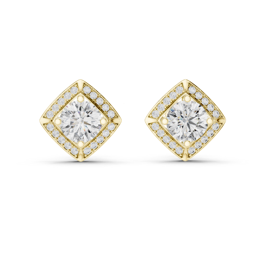 Round Diamond Square Halo Stud Earrings