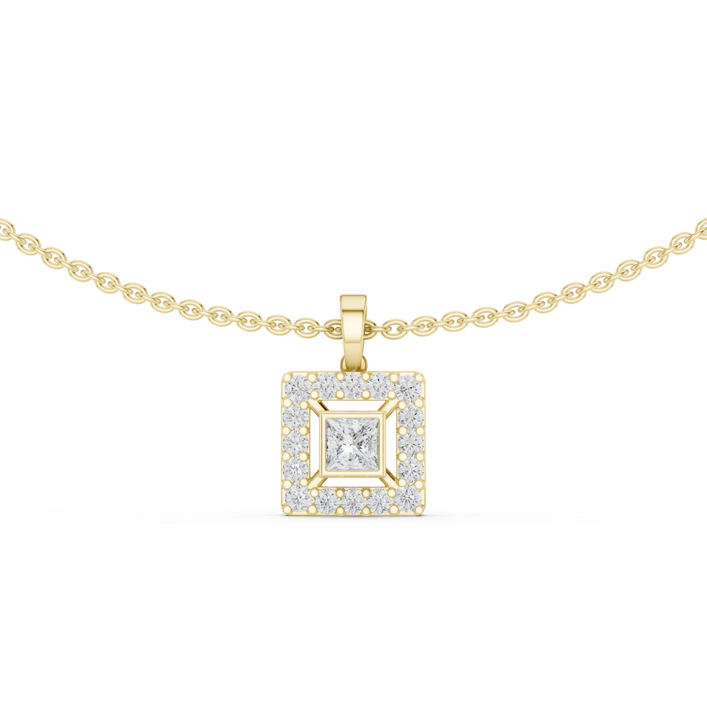 1Princess Cut Diamond Halo Pendant Necklace