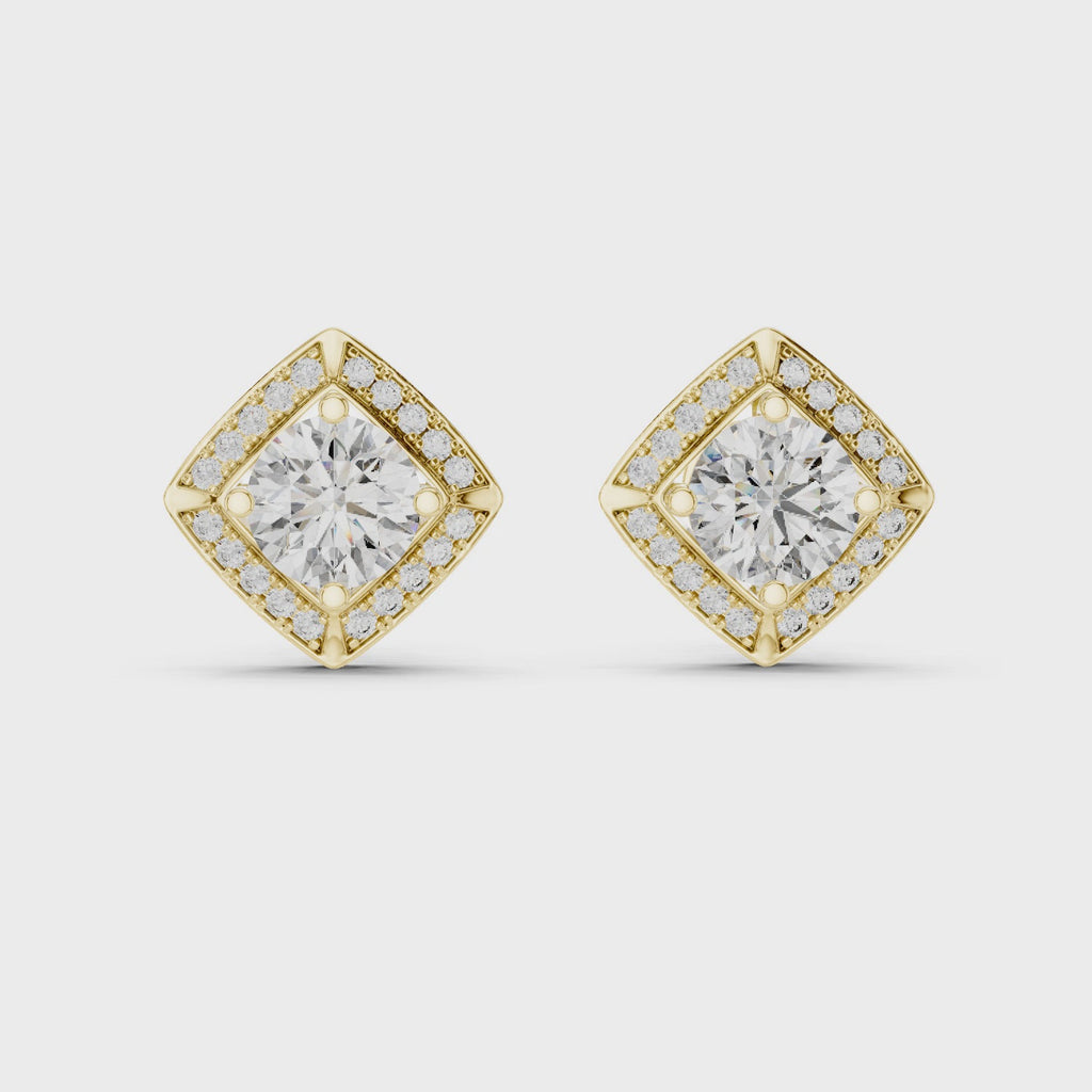 Round Diamond Square Halo Stud Earrings