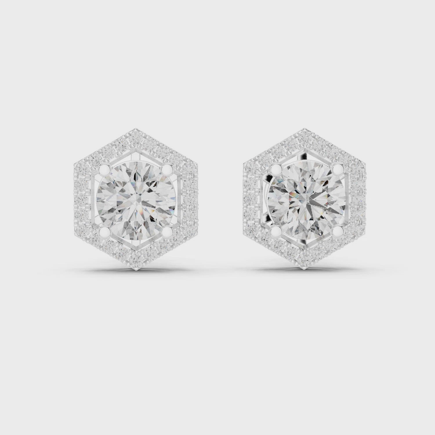 Round Diamond Hexagon Halo Stud Earrings