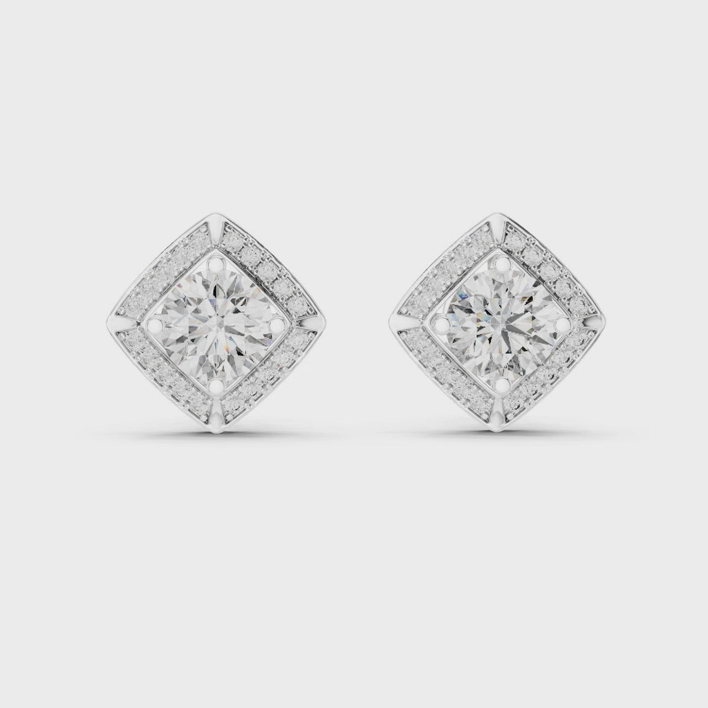 Round Diamond Square Halo Stud Earrings