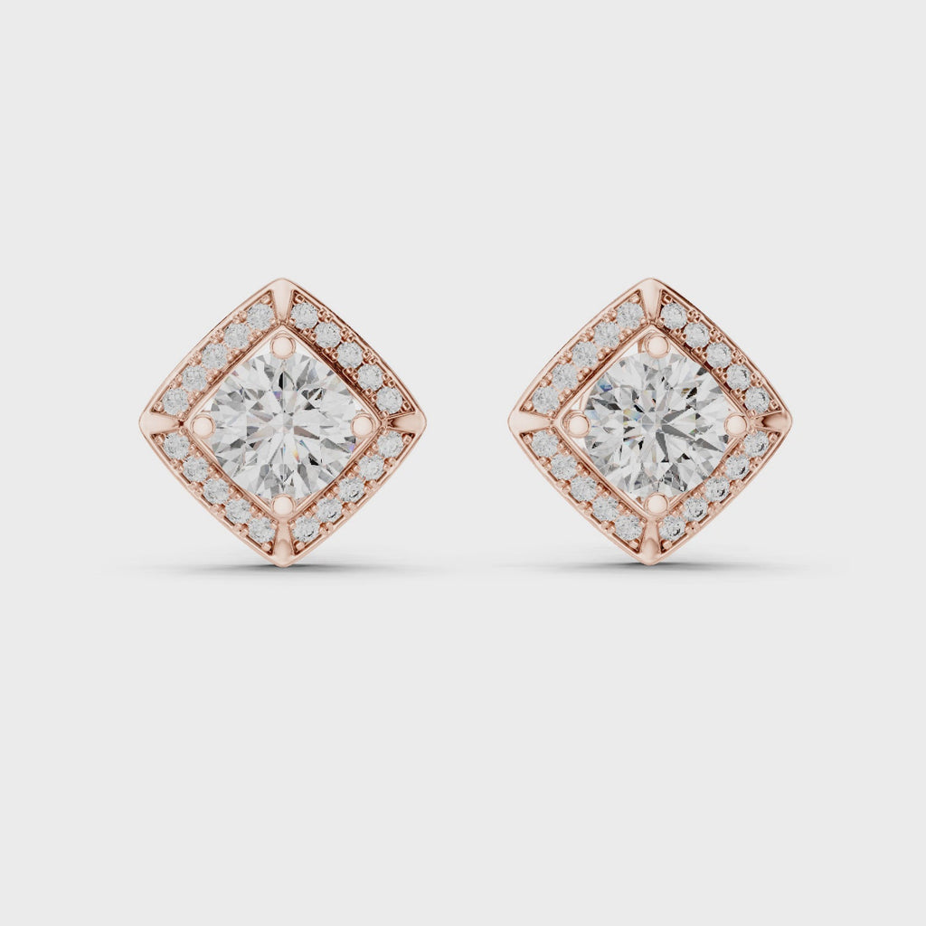 Round Diamond Square Halo Stud Earrings