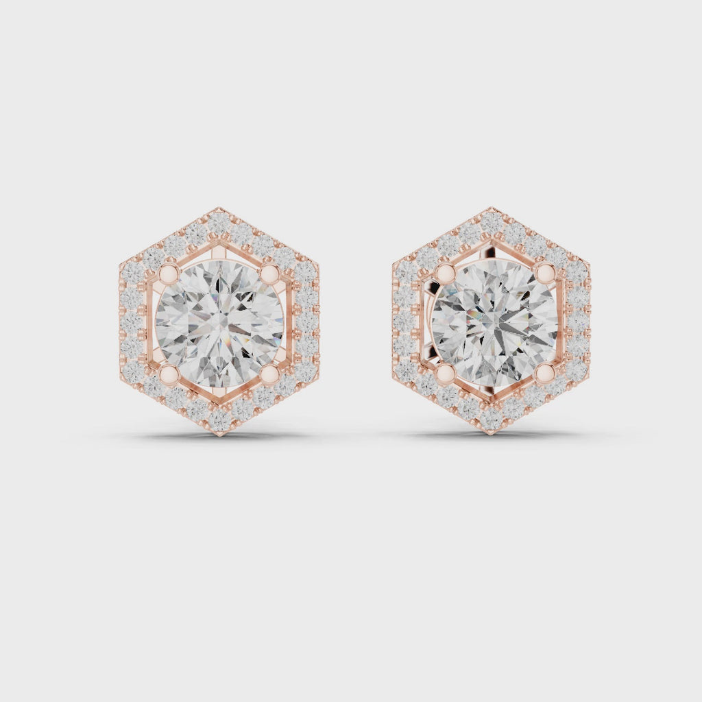 Round Diamond Hexagon Halo Stud Earrings