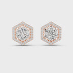 Round Diamond Hexagon Halo Stud Earrings