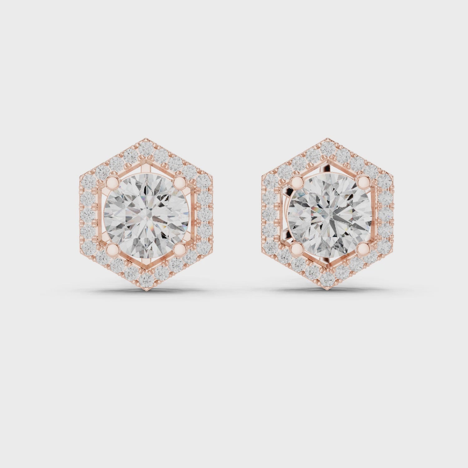 Round Diamond Hexagon Halo Stud Earrings